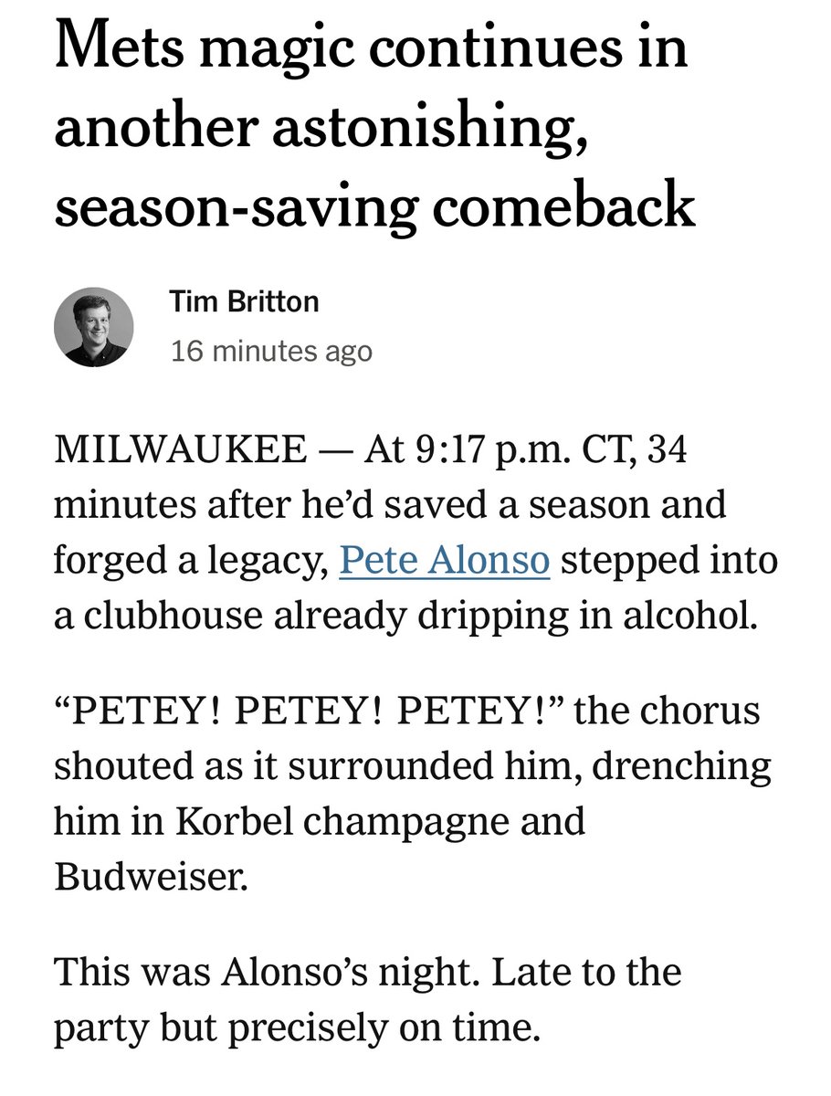 “We just saw one of the greatest games in Mets history.” Mets history may be short on postseason wins but long on postseason magic. The 2024 team is charting its course into franchise lore. 

nytimes.com/athletic/58175…