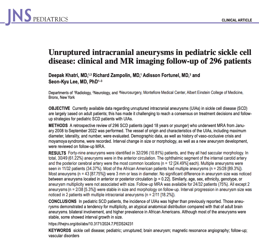 SeonKyuLee1's tweet image. Just published! Sickle Cell Children have a higher risk of brain aneurysms, but most of them appear to be stable. Montefiore Neurointervention @SNISinfo @svinsociety @esmintsociety @INR_WFITN @WFITN_Society @MontefioreNYC @MontefiorePeds @JudyYeeMD
