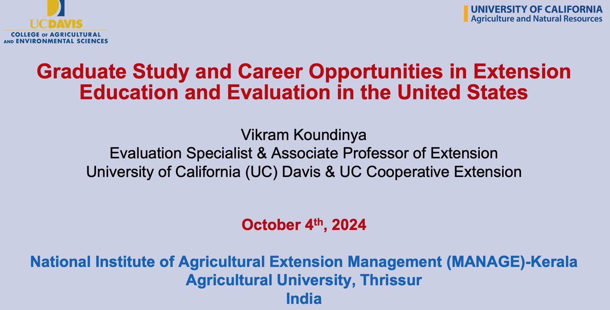 Had a wonderful time sharing my grad school &amp; career experiences in the U.S. with extension education grad students in India. It was a great opportunity to interact with students about grad school &amp; career opportunities in extension education and evaluation. <a href="/ucanr/">Ag&Natural Resources</a> <a href="/ucdavisCAES/">CA&ES, UC Davis</a>