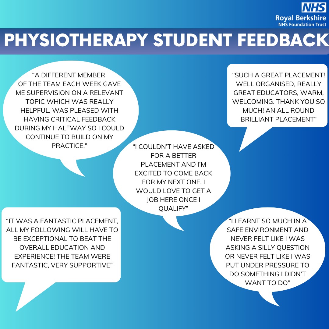 We are proud to share some recent feedback from our physiotherapy students. Check out why they have had such a positive placement experience at the Royal Berkshire Hospital!
<a href="/BOBAHPFaculty/">BOB AHP Faculty</a> <a href="/RBNHSFT/">Royal Berkshire NHS Foundation Trust</a>