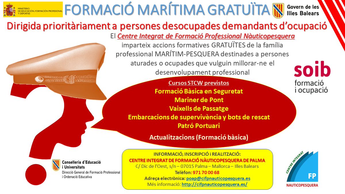 Abierta la inscripción para un curso STCW de FORMACIÓN BÁSICA EN SEGURIDAD y otro de PATRÓN PORTUARIO.
Información:
cifpnauticopesquera.es/cursos-gratuit…
Acceso al formulario de inscripción:
docs.google.com/forms/d/e/1FAI…