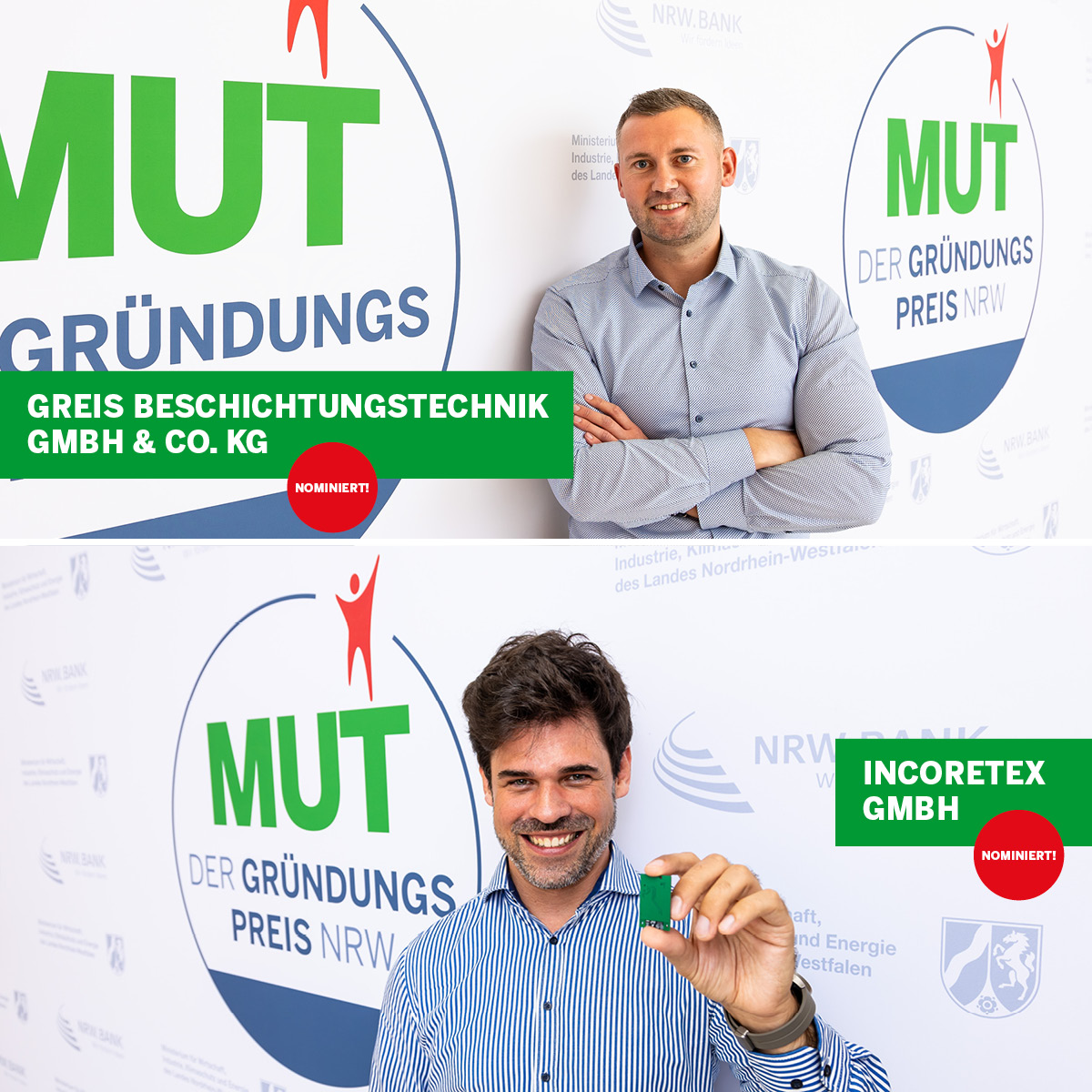 Die Greis Beschichtungstechnik GmbH &amp; Co. KG und die Incoretex GmbH gehören zu den 10 kreativen Jungunternehmen, die im Rennen um den MUT – DER #GründungspreisNRW 2024 sind. 🏆 Mehr Infos zu allen Nominierten unter gründungspreis.nrw . #MUTNRW