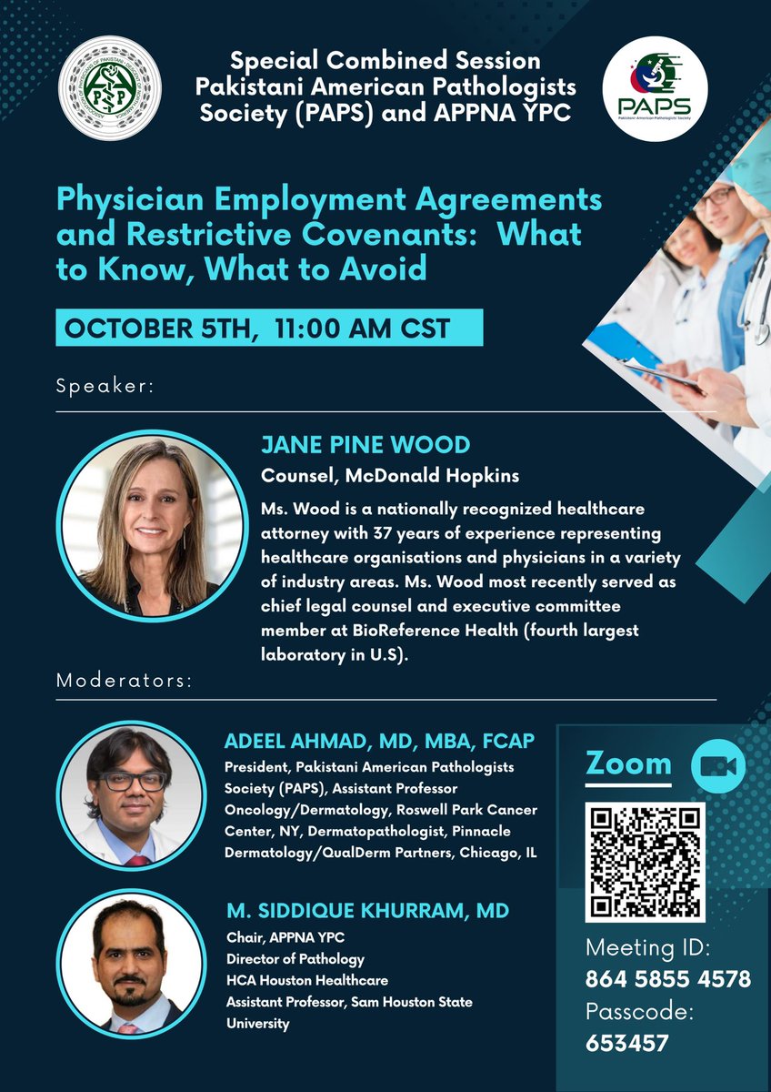 Special Joint Session of PAPS &amp; AAPNA YPC

Our expert Ms. Jane Pine Wood discusses "Physician employment agreements and restrictive covenants"

The session is focused for practicing physicians in all stages of careers.

When: 10/5/2024 at 11:00 CST

Link: us02web.zoom.us/meeting/regist…