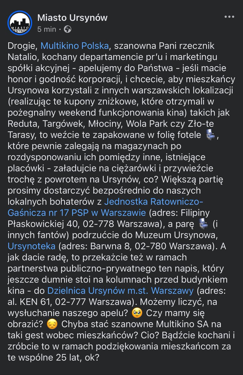 MiastoUrsynow's tweet photo. Apelujemy do #Multikino, aby się ogarnęło i jednak przywiozło z powrotem te fotele 💺 i przekazało je naszym lokalnym bohaterom z #JRG17 i też parę do muzeum Ursynowa przy #Ursynoteka! ✊ https://t.co/4hgcz4Pbs2 https://t.co/6FTNmE60lL