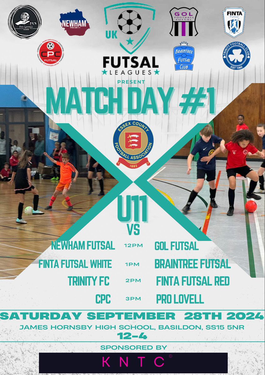 Another weekend of Futsal Games 😁😁

This Saturday see the start of our u11’s league start in Basildon. Another fantastic opening round of fixtures with some top
Clubs. 

Good luck to everyone involved. 

👏👏👏