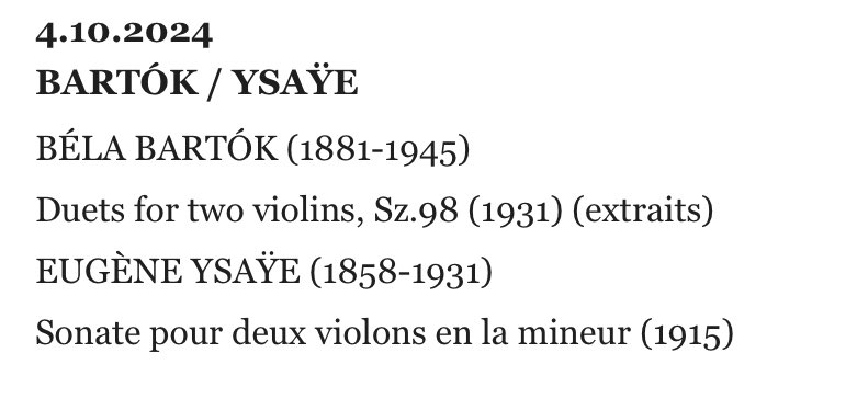 Aujourd’hui, ouverture de la saison de musique de chambre de <a href="/LaMonnaieDeMunt/">La Monnaie De Munt</a> avec un programme pour deux violons autour d’œuvres de Bartók et Ysaÿe 🥳 

Nos deux Konzermeisterinnen Saténik Khourdoïan et Sylvia Huang vont enflammer le grand foyer !!!