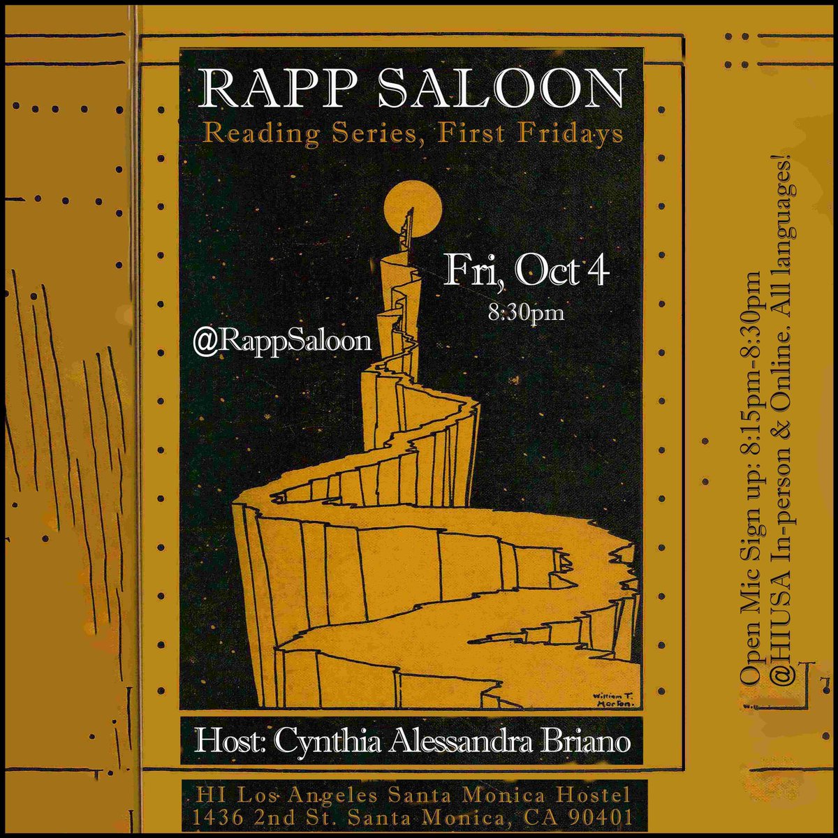 Rapp Saloon Reading Series, First Fridays (@rappsaloon) on Twitter photo Join us IN PERSON or ONLINE <a href="/RappSaloon/">Rapp Saloon Reading Series, First Fridays</a> Reading Series First Fridays on Friday, Oct 4, 8:30pm at <a href="/HIUSA/">Hostelling International USA</a>! Host: <a href="/CynthiaABriano/">Cynthia A. Briano</a> Upflift and celebrate Black voices by bringing a poem or excerpt by a Black author to read alongside your own work! Join us IN PERSON or ONLINE <a href="/RappSaloon/">Rapp Saloon Reading Series, First Fridays</a> Reading Series First Fridays on Friday, Oct 4, 8:30pm at <a href="/HIUSA/">Hostelling International USA</a>! Host: <a href="/CynthiaABriano/">Cynthia A. Briano</a> Upflift and celebrate Black voices by bringing a poem or excerpt by a Black author to read alongside your own work!