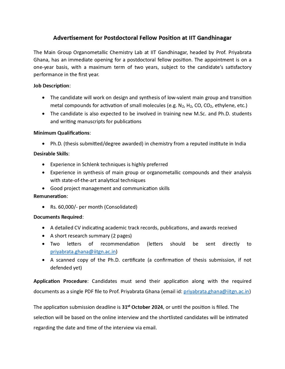 Priyabrata Ghana 🇮🇳🇩🇪🇺🇸 (@priyabrata15906) on Twitter photo 🔊Job Alert🔊
#postdocposition
PIs #share
Interested in Postdoc opportunities in Synthetic Main Group & Organometallic Chemistry? We have a funded #postdoc position available in our group to work on multiple exciting projects on Small Molecule Activation at <a href="/iitgn/">IIT Gandhinagar</a> Gandhinagar 🔊Job Alert🔊
#postdocposition
PIs #share
Interested in Postdoc opportunities in Synthetic Main Group & Organometallic Chemistry? We have a funded #postdoc position available in our group to work on multiple exciting projects on Small Molecule Activation at <a href="/iitgn/">IIT Gandhinagar</a> Gandhinagar