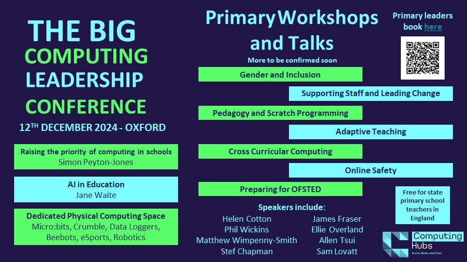 Matthew Wimpenny-Smith FCCT 🙋♂️👾👨💻 (@mwimpennys) on Twitter photo Come and join us at <a href="/oxford_brookes/">Oxford Brookes University</a> for the The BIG Computing Leadership Conference 20224!
Booking is now open! Visit bit.ly/compleadhub for more information and booking. #BCLC24 #Computing #Education #Leadership #Schools <a href="/WeAreComputing/">National Centre for Computing Education</a> @ComputingHubBaO Come and join us at <a href="/oxford_brookes/">Oxford Brookes University</a> for the The BIG Computing Leadership Conference 20224!
Booking is now open! Visit bit.ly/compleadhub for more information and booking. #BCLC24 #Computing #Education #Leadership #Schools <a href="/WeAreComputing/">National Centre for Computing Education</a> @ComputingHubBaO