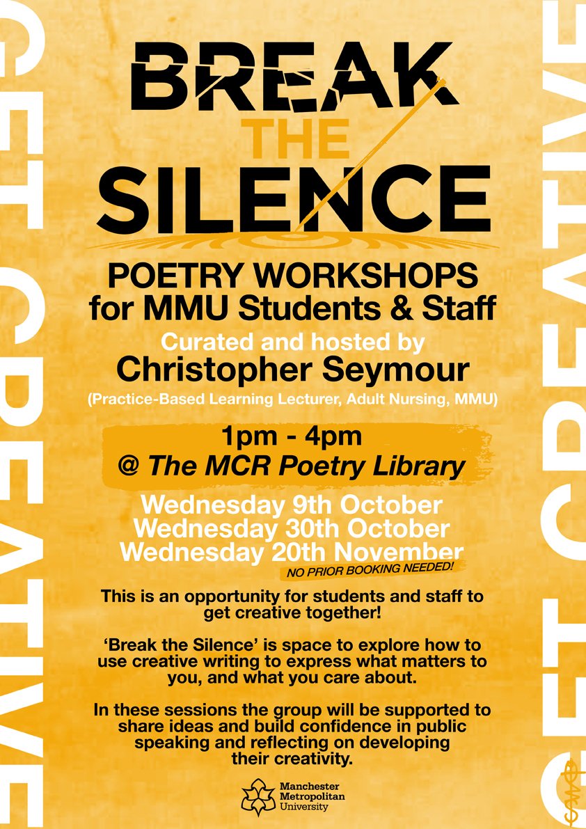 ClinicalEducatorPoet (@clinicalpoet) on Twitter photo Break the silence poetry workshops start Wednesday 9th Oct! Can't wait for my collab with <a href="/McrPoetryLib/">Manchester Poetry Library</a> to begin. An opportunity for all <a href="/ManMetUni/">Manchester Metropolitan Uni</a> students AND staff to get creative, share what matters to them and perform what they've created in the moment! Very excited🥳 Break the silence poetry workshops start Wednesday 9th Oct! Can't wait for my collab with <a href="/McrPoetryLib/">Manchester Poetry Library</a> to begin. An opportunity for all <a href="/ManMetUni/">Manchester Metropolitan Uni</a> students AND staff to get creative, share what matters to them and perform what they've created in the moment! Very excited🥳