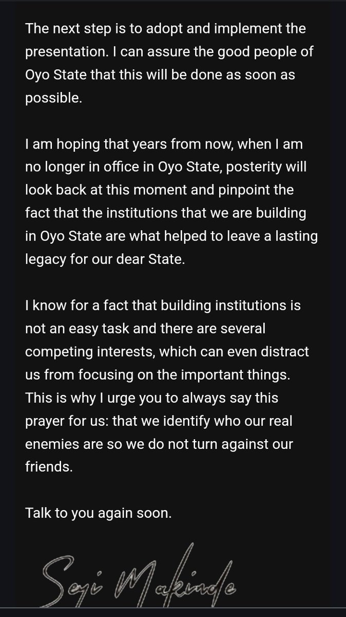 I am hoping that years from now, when I am no longer in office in Oyo State, posterity will look back at this moment and pinpoint the fact that the institutions that we are building in Oyo State are what helped to leave a lasting legacy for our dear State. Gov Seyi Makinde