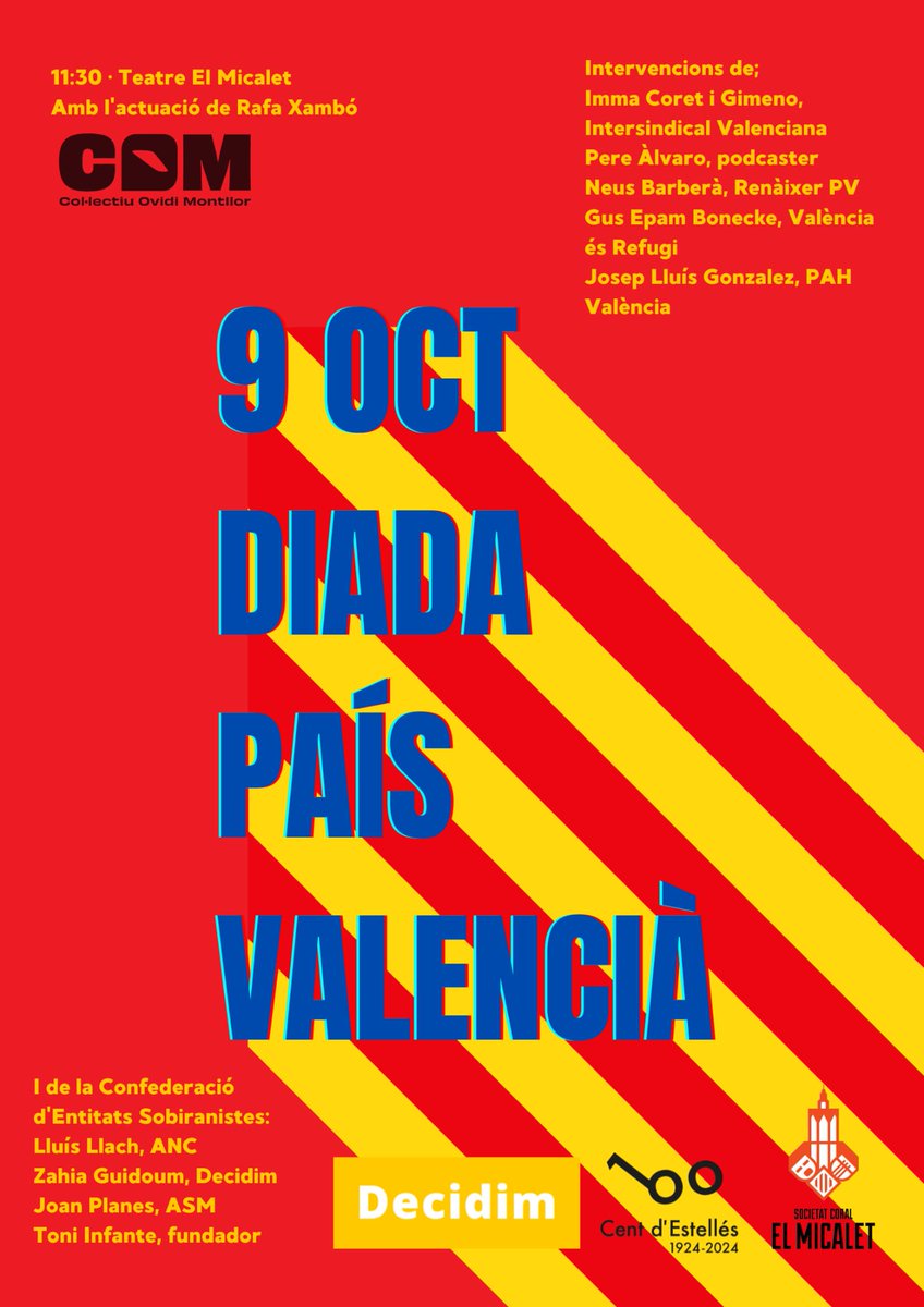 Aquest 9 d'Octubre, diguem ben fort que no volem ser una Comunitat colonitzada. 

Volem ser un País Valencià lliure!