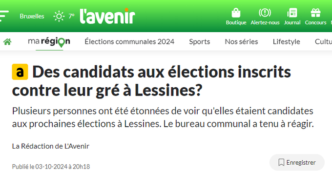 simpleabonne's tweet photo. La presse quotidienne régionale de qualité (@lavenir_net) révèle qu'à #Lessines la liste DéFI aurait trompé des personnes qui se retrouvent ainsi candidates aux communales à leur insu (merci au camarade lessinois @Ismailovitch888 pour le tuyau 👍)
#Fraude
https://t.co/I1s9HyB5qF https://t.co/P1Fc6bK1qE