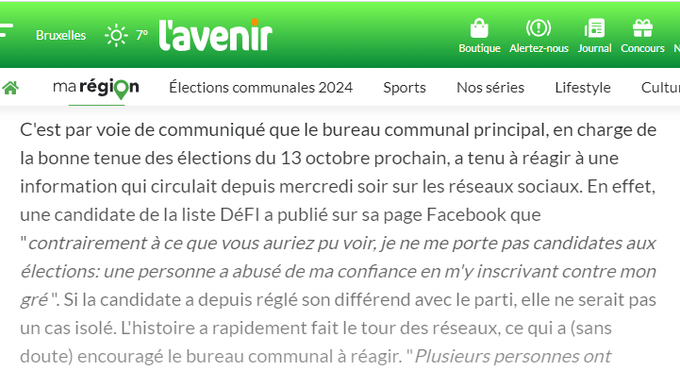 simpleabonne's tweet photo. La presse quotidienne régionale de qualité (@lavenir_net) révèle qu'à #Lessines la liste DéFI aurait trompé des personnes qui se retrouvent ainsi candidates aux communales à leur insu (merci au camarade lessinois @Ismailovitch888 pour le tuyau 👍)
#Fraude
https://t.co/I1s9HyB5qF https://t.co/P1Fc6bK1qE