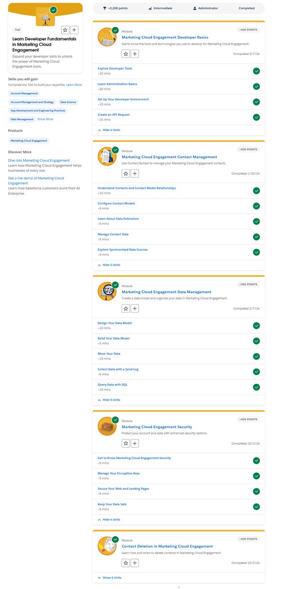 Learn Developer Fundamentals in Marketing Cloud Engagement || Trailhead(Trail)
bit.ly/4ereiUr

"In this trail, there are five modules that cover important topics on how to create REST APIs, design data models, configure data models, and ensure data security.