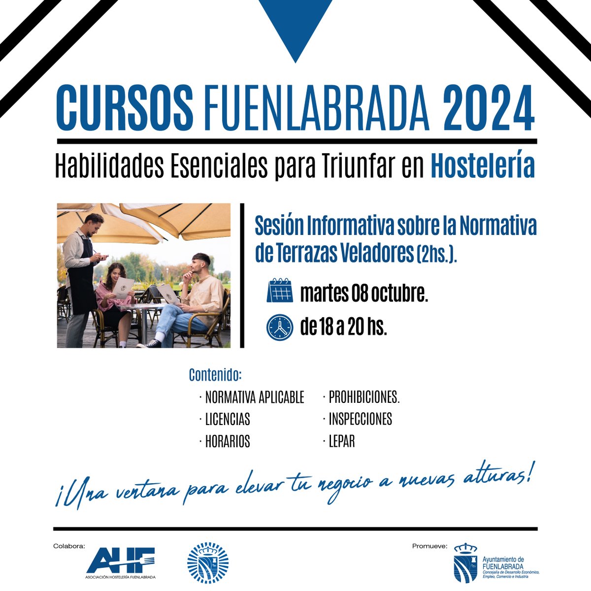 📢 Sesión informativa sobre la normativa de terrazas veladores 📢

👮‍♀️👮‍♂️Con la participación de Policía Local de Fuenlabrada

🗓️ 8 de octubre de 18 a 20 h
📍 Escuela de Hostelería del CIFE

Si eres hostelero y te interesa participar, inscríbete 👉 cife.ayto-fuenlabrada.es/sesion-informa…