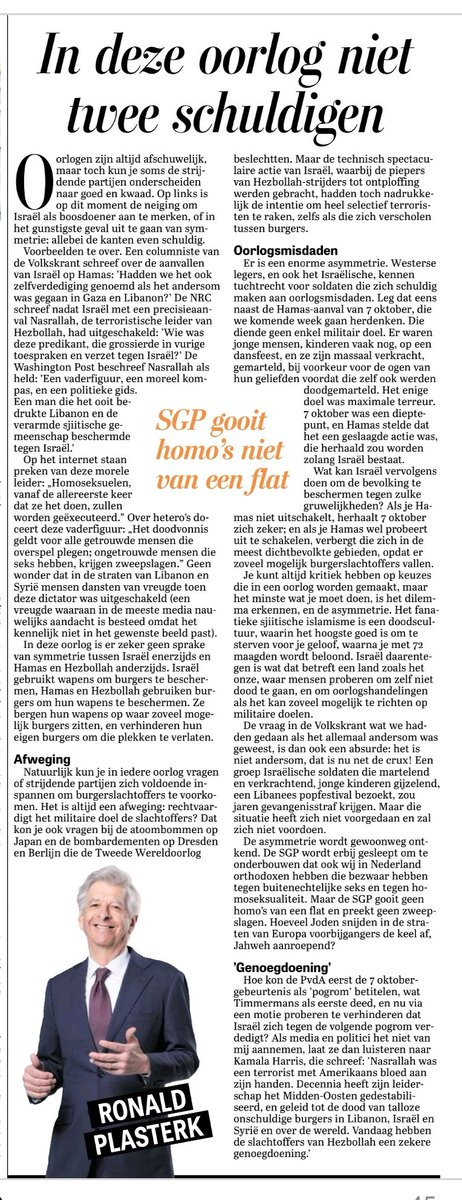 Vlijmscherp stuk van Plasterk 🎯 
In deze oorlog is er geen sprake van symmetrie tussen Israël enerzijds en Hamas en Hezbollah anderzijds. 

Israël gebruikt wapens om burgers te beschermen, Hamas en Hezbollah gebruiken burgers om hun wapens te beschermen