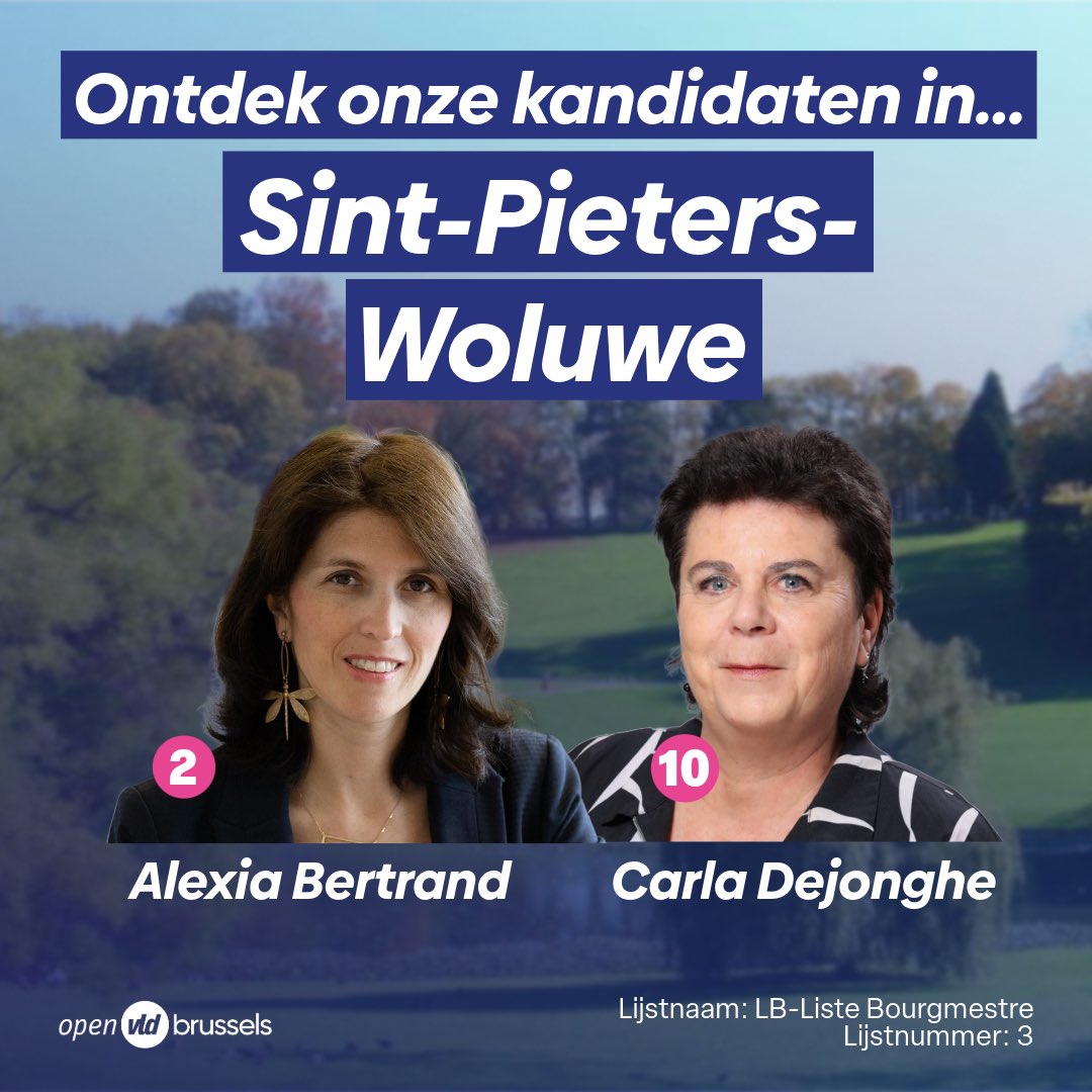 Découvrez nos candidates à Woluwe-Saint-Pierre sur la Liste du Bourgmestre ‘LB1150’ (numéro de liste : 3). 💙

👉 Plaats 2: <a href="/AlexiaBertrand_/">Alexia Bertrand</a> 
👉 Plaats 10: <a href="/DejongheCarla/">Carla Dejonghe</a> 

🔗 Plus d’infos : openvldbrussel.be/2024sintpieter…