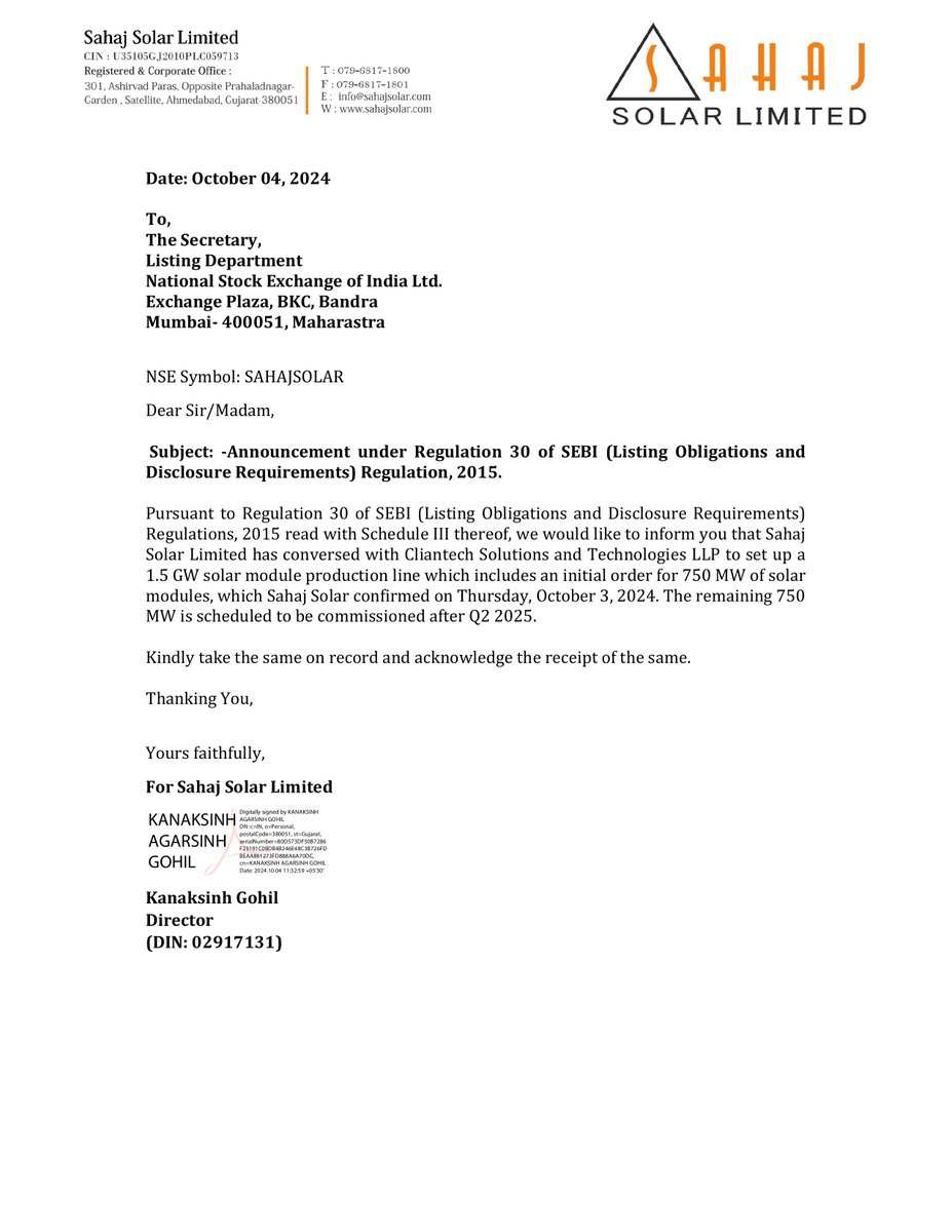 nileshkurhade's tweet image. 📌 Sahaj Solar Ltd informed the exchange about an agreement with Cliantech Solutions and Technologies LLP to set up a 1.5 GW solar module production line. This includes an initial order of 750 MW solar modules, with the remaining 750 MW expected after Q2 2025. #SME #SAHAJSOLAR…