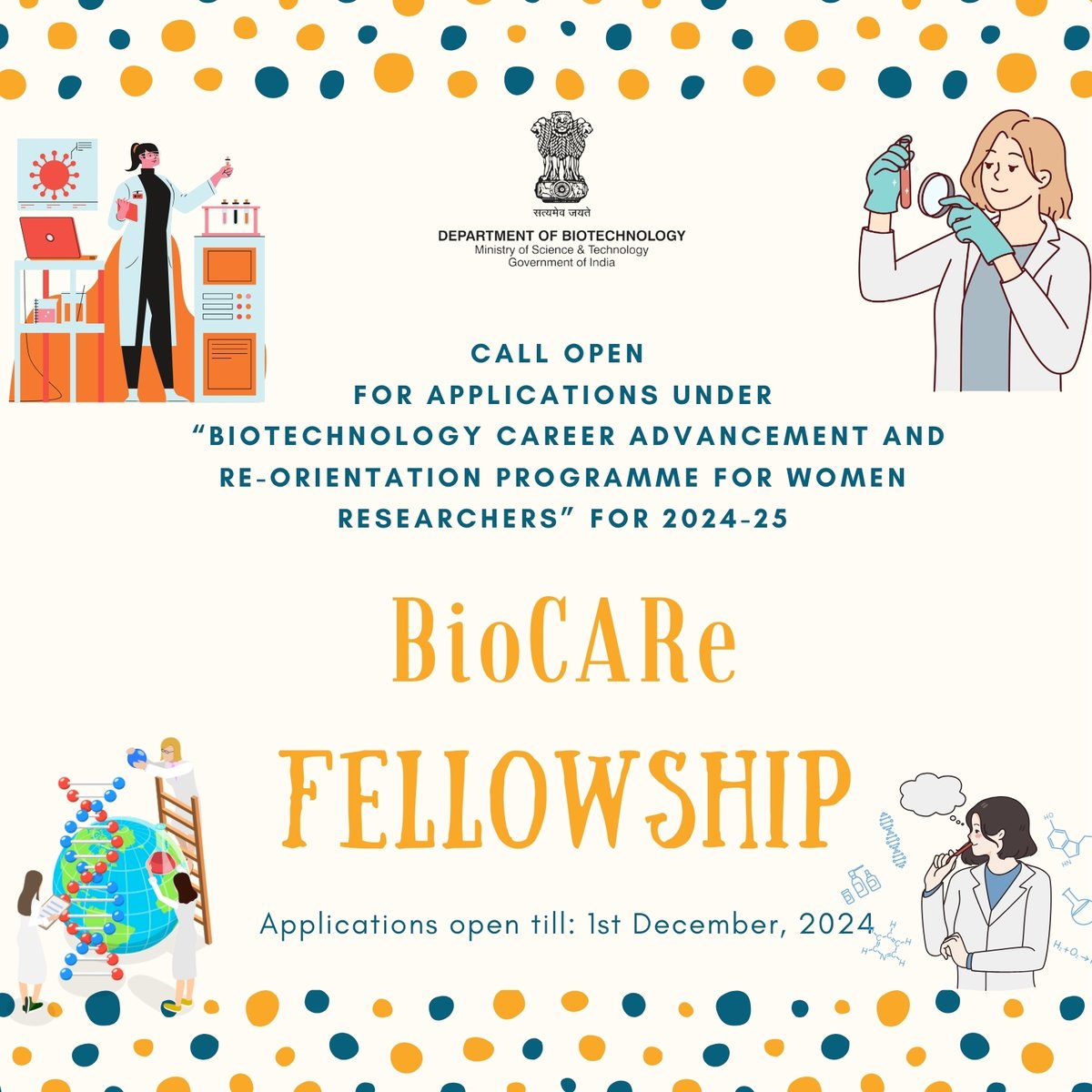 DBTIndia's tweet image. We are now accepting applications for #BioCARe fellowship, open for Indian Women Nationals. We encourage applications from women who are unemployed, either completed #PHD or #MTech in life sciences or allied areas. 

Apple here: tinyurl.com/mrxhevkh

@DrJitendraSingh
