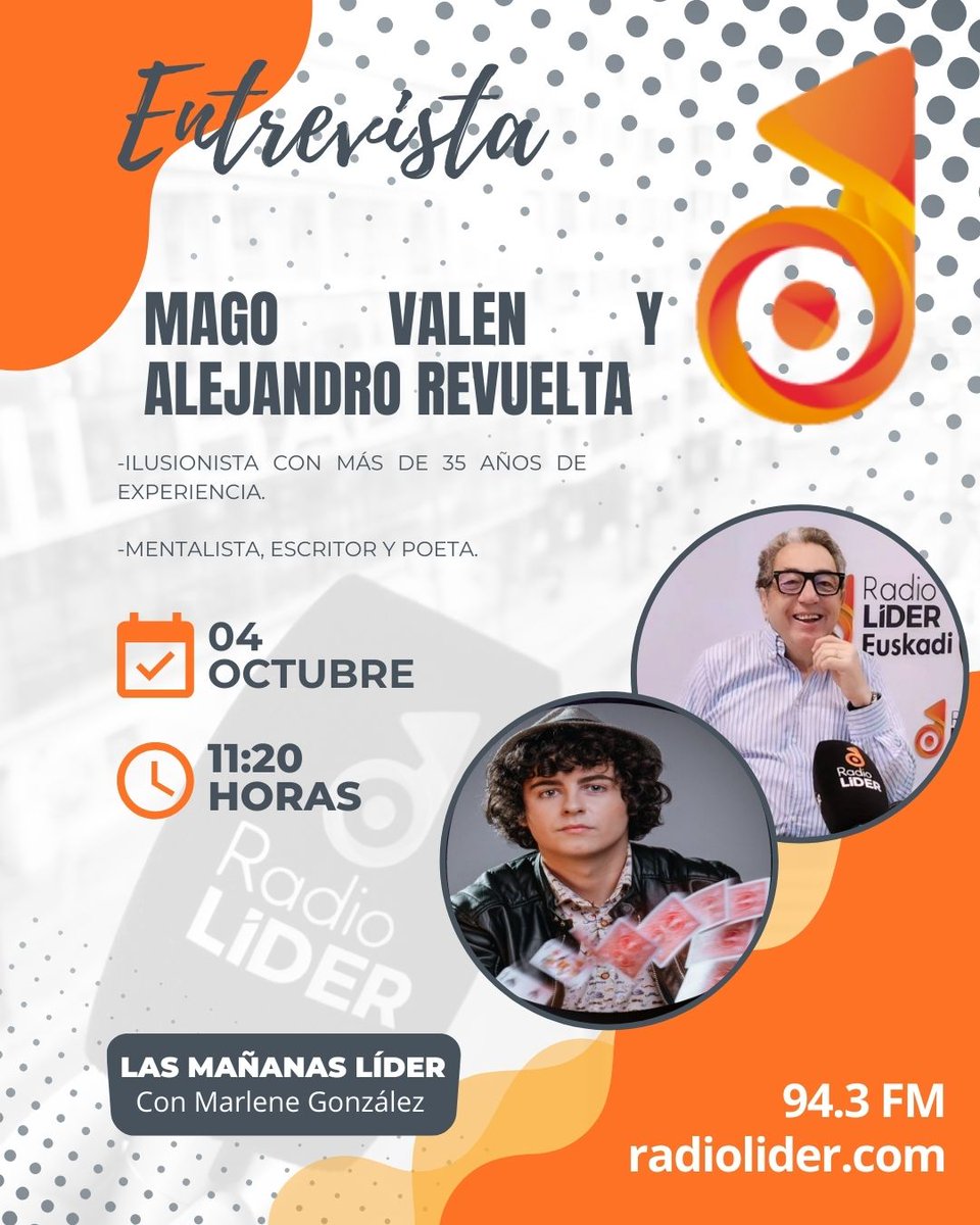 Marlene González (@marlene_gleztv) on Twitter photo Hoy, 11:20h, en Radio Líder Euskadi (94.3 FM) hablaremos con el Mago Valen y el mentalista Alejandro Revuelta <a href="/FabricaDeMagos/">Fábrica de Magos</a> <a href="/alejandrorevlt/">Alejandro Revuelta</a> sobre el proyecto "Kupula Mágica" en @teatrocamposeliseos de Bilbao,que arranca el sábado con el espectáculo "Misterios y otras historias" Hoy, 11:20h, en Radio Líder Euskadi (94.3 FM) hablaremos con el Mago Valen y el mentalista Alejandro Revuelta <a href="/FabricaDeMagos/">Fábrica de Magos</a> <a href="/alejandrorevlt/">Alejandro Revuelta</a> sobre el proyecto "Kupula Mágica" en @teatrocamposeliseos de Bilbao,que arranca el sábado con el espectáculo "Misterios y otras historias"