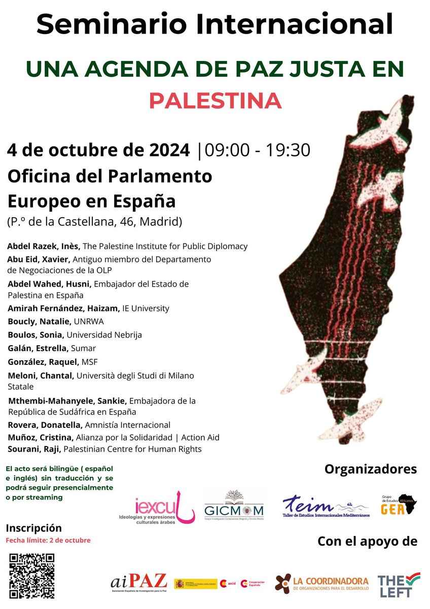master_riea's tweet photo. Hoy empieza 🗣️ SEMINARIO INTERNACIONAL: UNA AGENDA DE PAZ CON JUSTICIA EN PALESTINA. 
📍 4 de octubre de 2024, de 9.00 a 19.30h.  Con el patrocinio de @master_riea. https://t.co/l8LsULChLF