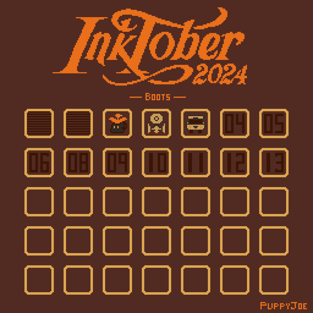 I know it's #boots ... but I thought of a boot of a car.. imagine that there's a single boot within the boot and there we would have boots? :D 

#inktober2024 #boots #aseprite