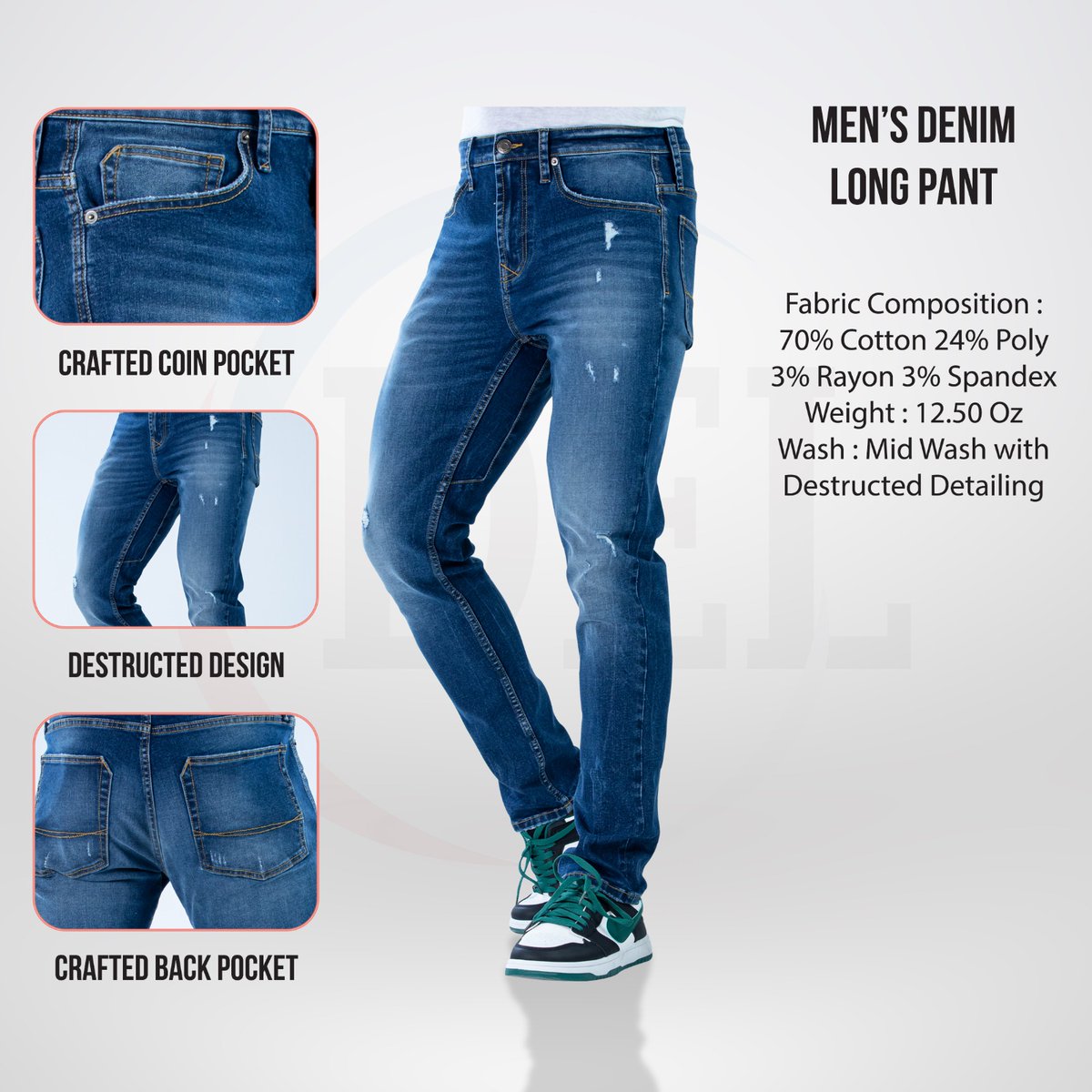 Men's fashionable cargo jogger knitted Denim Long Pant.
Introducing men's fashionable cargo jogger Denim Long pant. 70% cotton 24% poly 3% Rayon 3% elastane. 12.50 Oz Ring slub denim. Mid wash with destructed detailing.
#denim #denimexpert #innovation