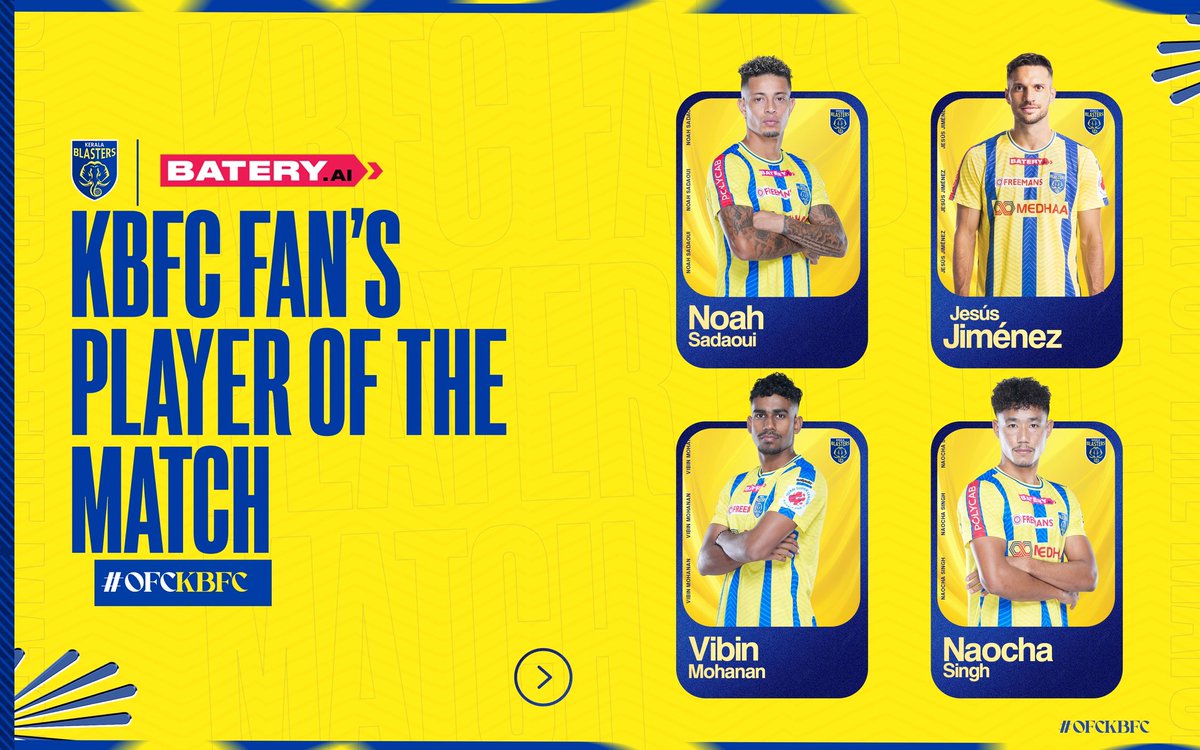 KeralaBlasters's tweet photo. Time to choose! 🗳 
Who gets your vote for the @batery_ai KBFC Fans Player of the Match?⚽
#OFCKBFC #KBFC #KeralaBlasters https://t.co/jcN6sLSwxE