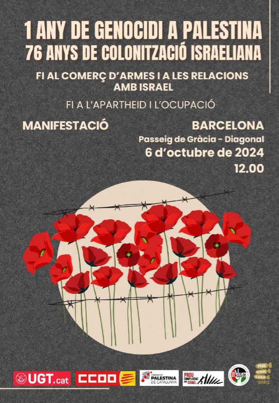 📢 El PSUC viu fa una crida als seus militants per mobilitzar-se el 6 d'octubre a la manifestació per Palestina. 

Alcem la veu contra el genocidi i l'ocupació israeliana! Exigim la fi de la colonització i l'apartheid✊

⌚️11:45  
📍C/ Còrsega amb Avinguda Diagonal