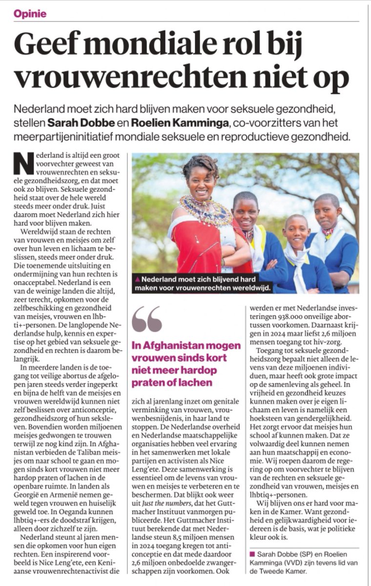 Vandaag met <a href="/KammingaRJ/">Roelien Kamminga</a> in <a href="/ADnl/">AD.nl</a>. Wij roepen samen de Nederlandse regering op om voorvechter te blijven van de rechten van vrouwen en meisjes.👇