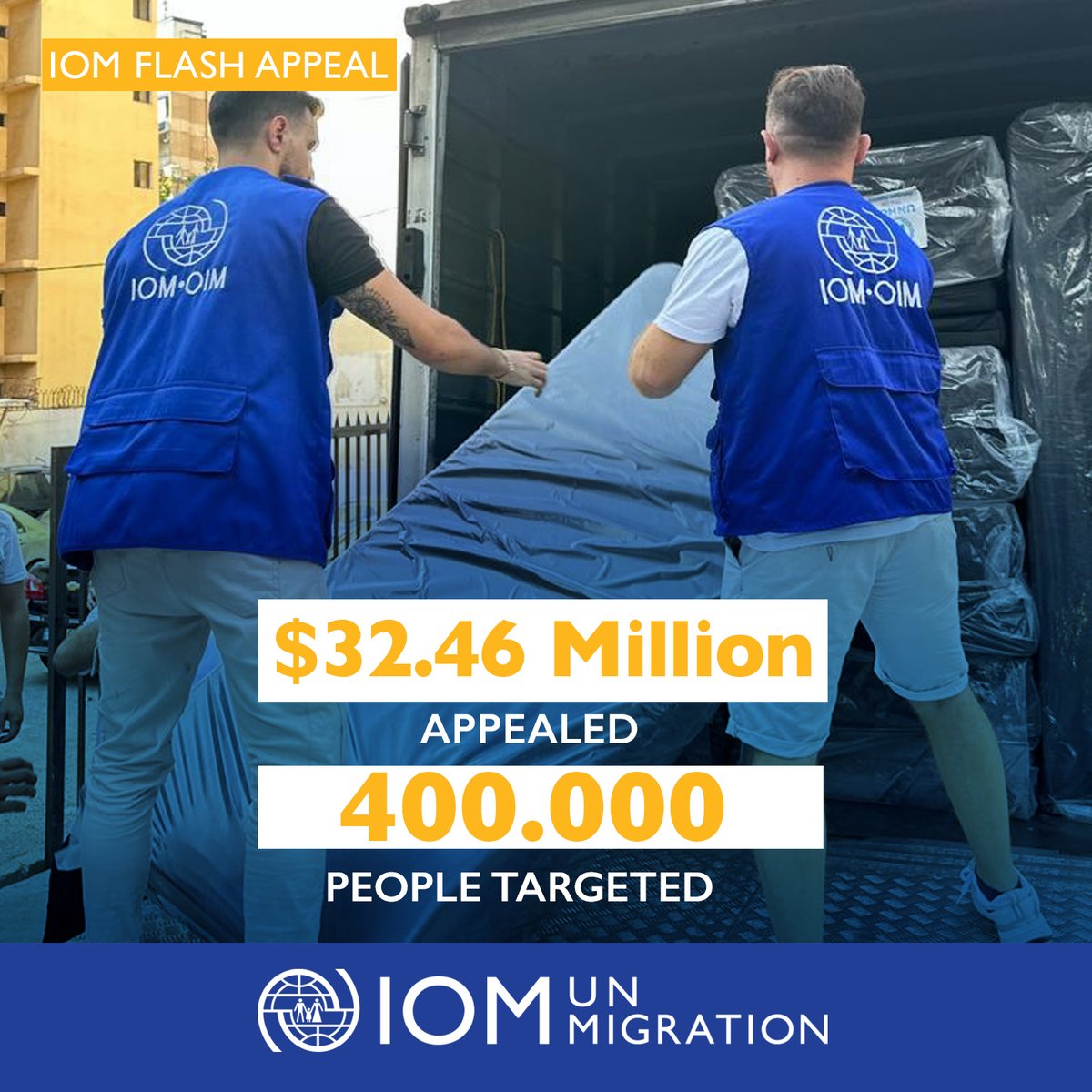 The escalating crisis in Lebanon demands immediate action. Today, @IOM_Lebanon launches a $32.46M appeal to provide lifesaving support to 400, 000 displaced individuals.
IOM is delivering assistance, but continued support is needed. iom.int/ZSZ
#IOMFlashAppeal