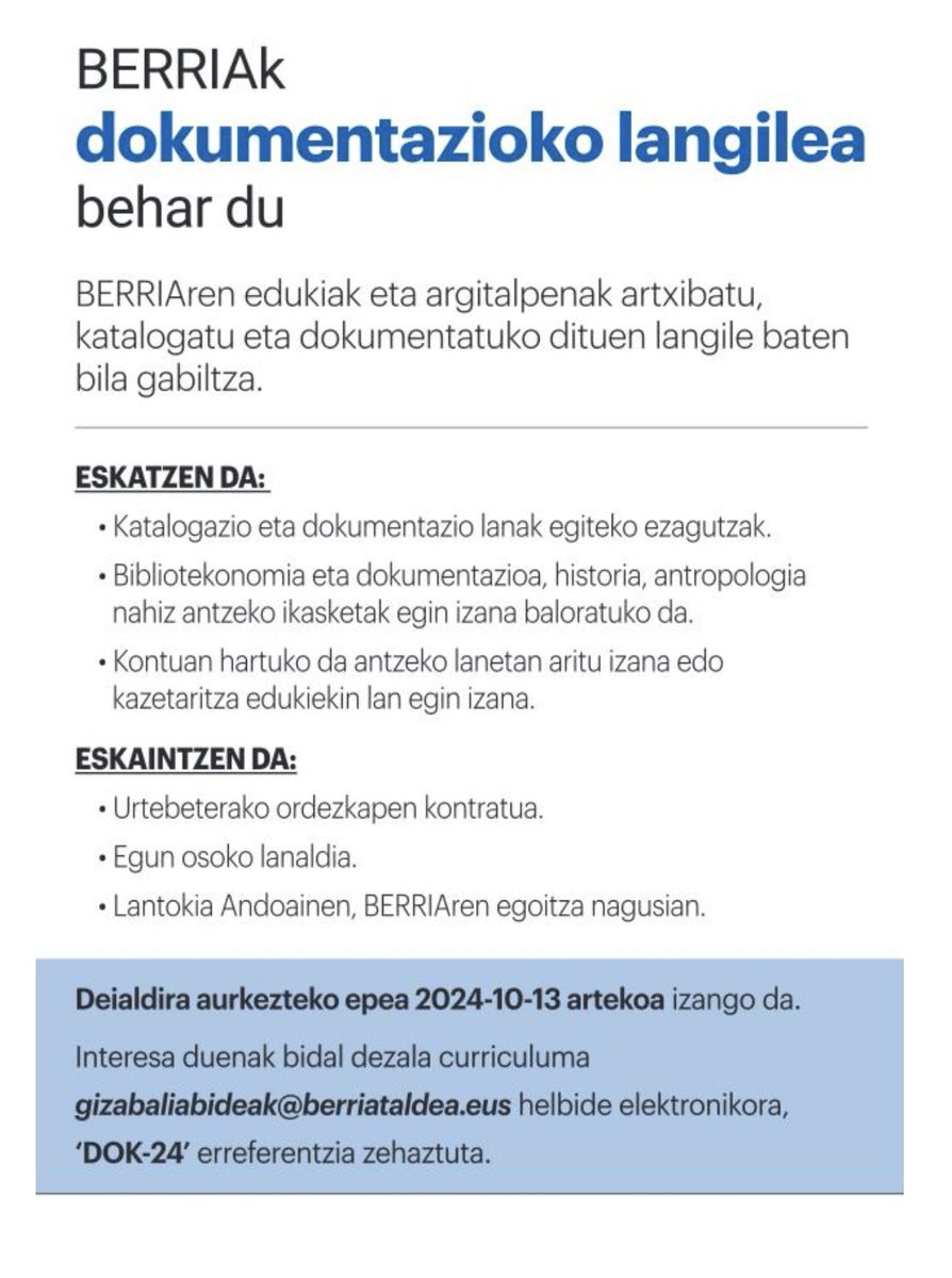 🔴📢Lan eskaintza: BERRIAk dokumentazio langilea behar du