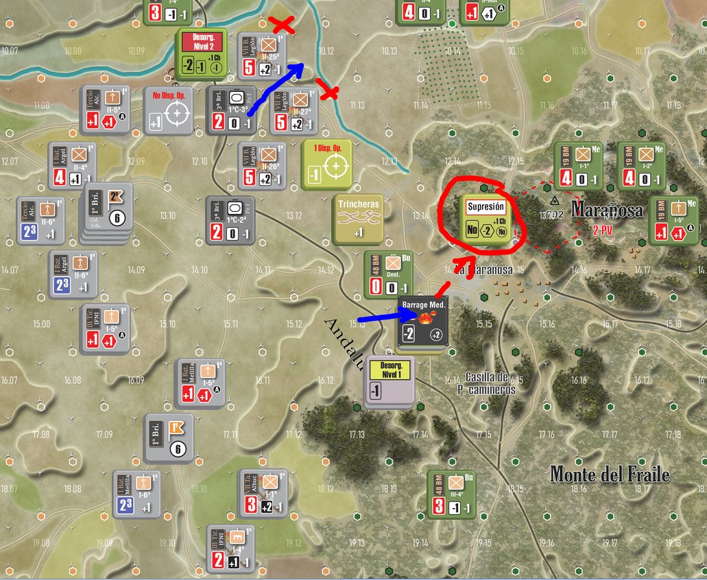 #Jarama37

Nationalist forces pressing hard on their left flank with 2nd Regiment forces, with legionaries success, after 2 republican companies were routed. Those units will have to come back later from its HQ unit.
At this moment the front is almost cut in two different parts.