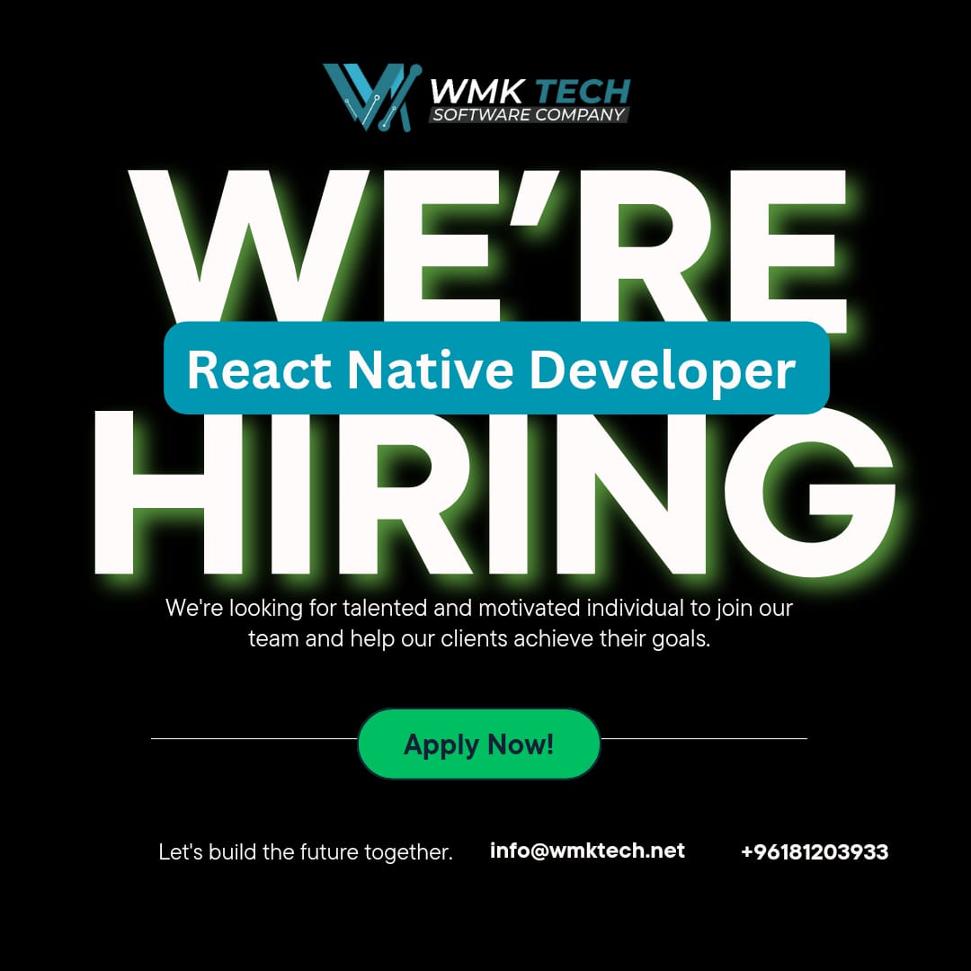 wmktech's tweet image. React Native Developer Needed!
WMK Tech is looking for a creative and driven React Native Developer. If you have what it takes, come join our thriving team and build amazing mobile apps!

📧 Apply now: info@wmktech.net
📱 Contact us: +96181203933

#ReactNativeDeveloper #Mobile