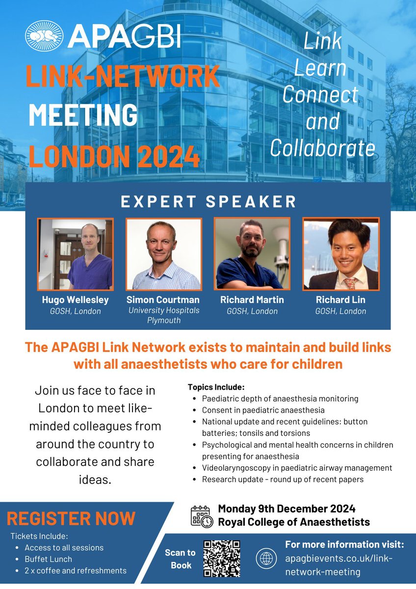 ⭐️APA Link-Network Meeting⭐️  #APAGBI2024 Booking open
Practical talks for the generalist anaesthetist &amp; networking opportunities 
A meeting for all with interest in #pedsanes #paediatric #anaesthesia 
✅ Link ✅ Learn ✅ Connect ✅ Collaborate
🎟 apagbievents.co.uk/link-network-m…
🗓️ Mon