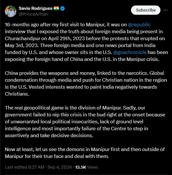 gisa_rose's tweet photo. The sequence of key events—the audacious looting of a gun shop and the conspicuous presence of U.S. media in #Churachandpur before #May_3 strongly suggests that the #ManipurViolence was meticulously orchestrated, with possible foreign involvement.
Like, @Sheikh_Hasinaa has previously pointed out that the unrest across #Bangladesh, #Myanmar, and #Manipur may be interconnected, part of a coordinated series of attacks targeting the stability of the #Indian subcontinent and its neighbour. This is not an isolated event, but rather a calculated move in a longer-term strategy. Ignoring the gravity of this situation could prove to be a significant mistake for #India, as underestimating these external threats might allow hostile forces to further their agenda in the region.
#SaveManipur #KukiEngineeredManipurViolence #KukiNarcoTerrorists #KukiAtrocities @AmitShah @narendramodi @rajnathsingh @rashtrapatibhvn @PMOIndia @NBirenSingh @Manipur12345 @BJP4India @republic @News18India @News9Tweets @ANI @ndtv @aajtak @ABPNews @IndiaToday @IndiaTodayNE