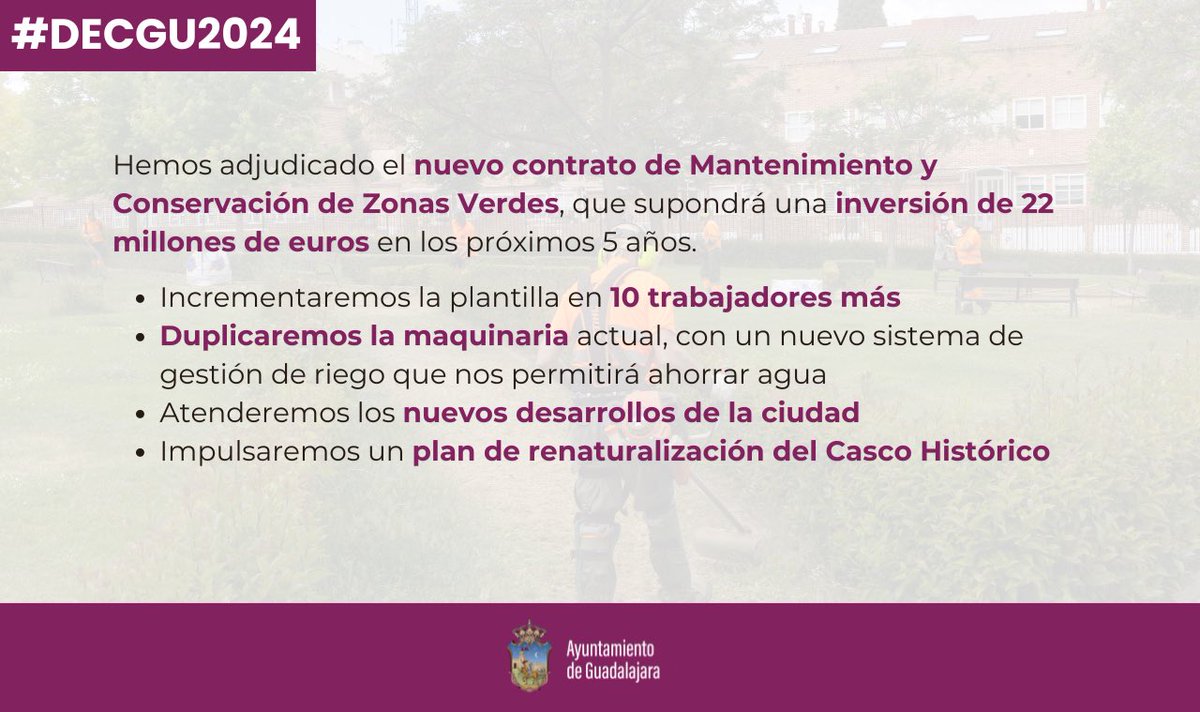 📑🌳 El contrato de Zonas Verdes supondrá una inversión de 22 millones de euros

💼 10 trabajadores más en plantilla

🚜 Duplicaremos la maquinaria

🏘️ Atenderemos los nuevos desarrollos de la ciudad

🪴 Impulsaremos un plan de renaturalización del Casco Histórico

#DECGU2024