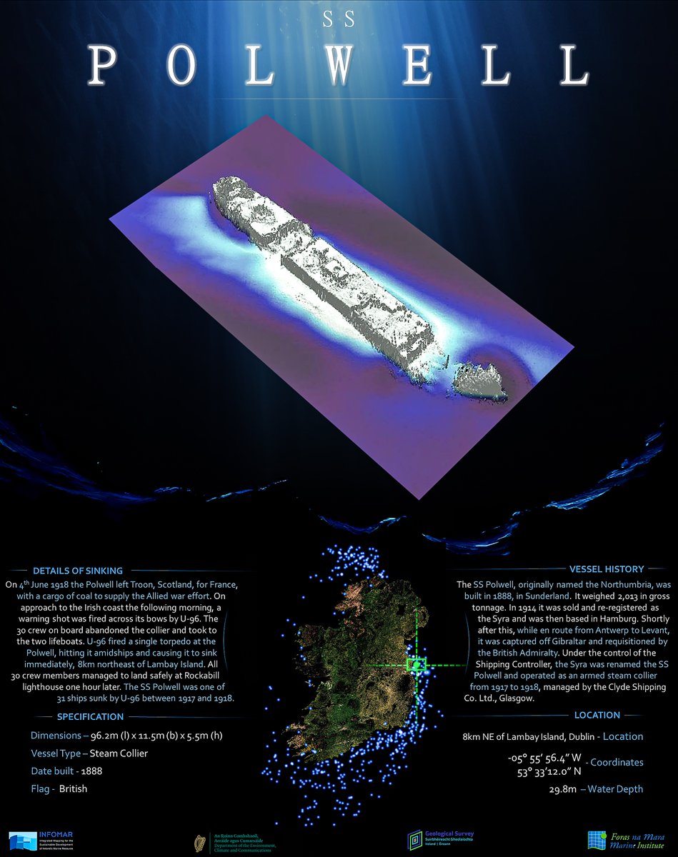 The SS Polwell, built in 1888, was sunk by U-96 on June 5, 1918, near Lambay Island. All 30 crew members survived. The ship was one of 31 sunk by U-96 during WWI.

Learn more &gt; bit.ly/4c49ZNg

@Dept_ECC <a href="/GeolSurvIE/">Geological Survey IE</a> @MarineInst@nationalmons