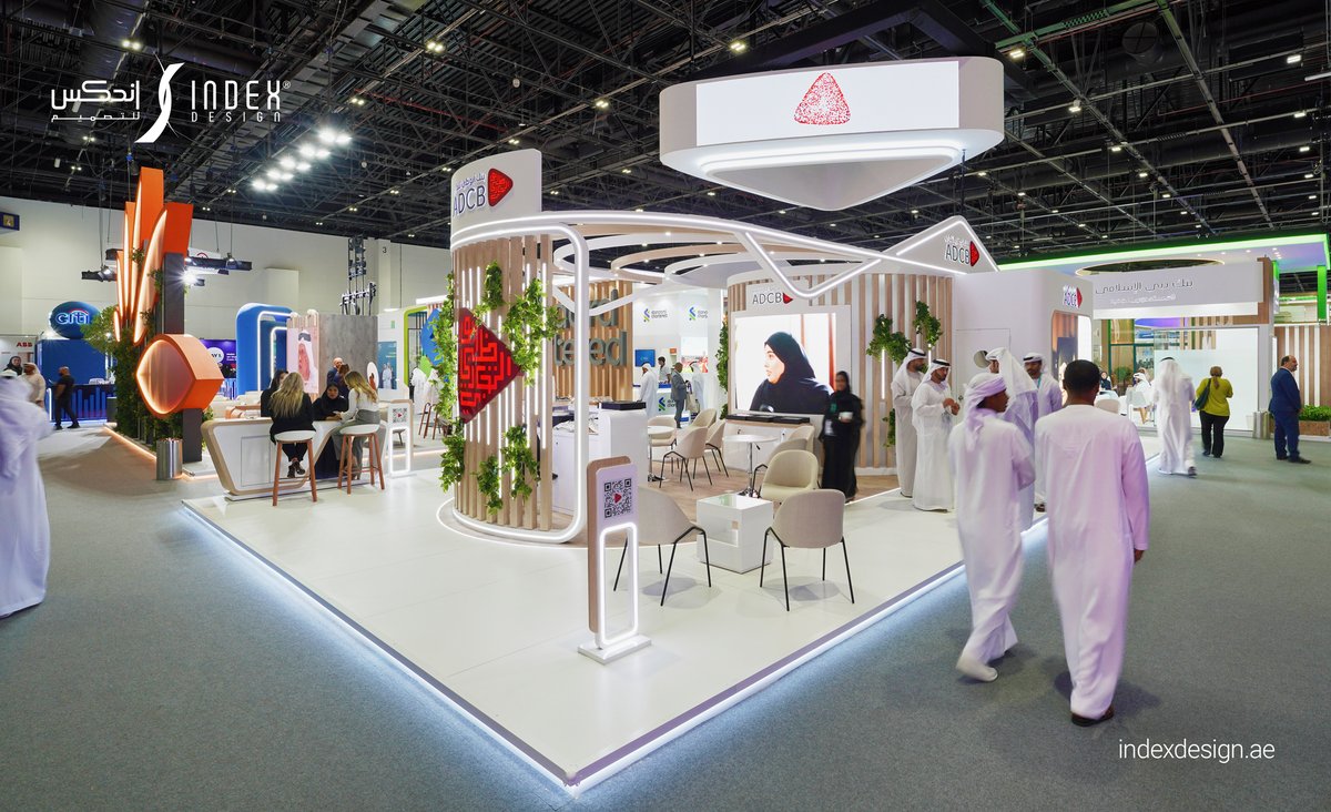 INDEXDESIGNUAE's tweet photo. Introducing the ADCB Bank stand at Ru'ya 2024 – a perfect blend of elegance and functionality! ✨ 
Designed to reflect the bank's values of trust and modernity, this stand features a curved, flowing design that embodies seamless customer experiences. 💫 https://t.co/QwpNpWoVC5