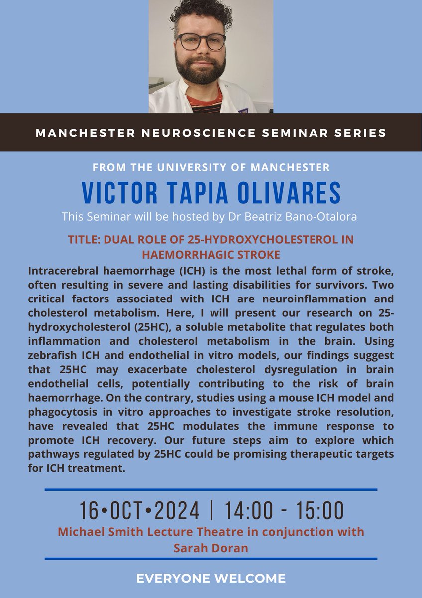 Division of Neuroscience (@dns_uom) on Twitter photo The next seminar in our series is on Wednesday 16th October at 2pm and it's a double header, from our very own Sarah Doran and @victor_tapia_o, hosted by <a href="/BeaBanoTime/">Beatriz Bano-Otalora</a>. Details on posters - all welcome! 🧠#neuroscienceseminar #neuroscience #manchesterneuroscience The next seminar in our series is on Wednesday 16th October at 2pm and it's a double header, from our very own Sarah Doran and @victor_tapia_o, hosted by <a href="/BeaBanoTime/">Beatriz Bano-Otalora</a>. Details on posters - all welcome! 🧠#neuroscienceseminar #neuroscience #manchesterneuroscience