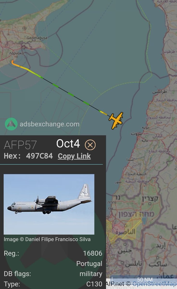 LebanonJets's tweet image. Military: #Portugal Força Aérea Portuguesa (Portuguese Air Force) C130 16806 #497C84 as #AFP57 flew from #Montijo AirBase (AirBase No. 6) near #Lisbon to #Larnaca on Thursday for the night &amp;amp; flew into #Beirut this morning