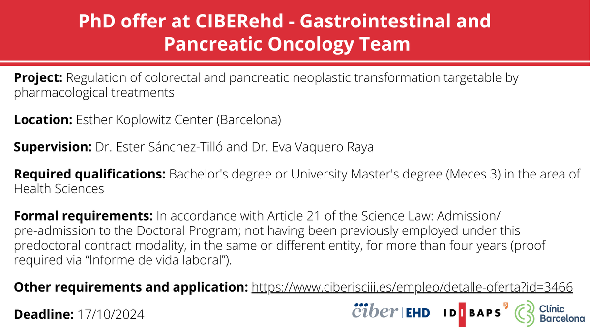🚨 Open call for a predoctoral position at @CIBERehd to pursue a PhD on colorectal and pancreatic cancer in our team, supervised by <a href="/EsterSanTillo/">Ester Sanchez Tillo</a> and <a href="/evaqueroraya/">Eva C. Vaquero</a>.

⚠️ Application deadline: 17/10/24

For more information and to apply: ciberisciii.es/empleo/detalle…