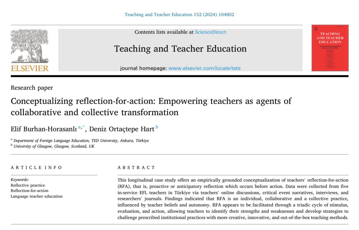 Our article w/ <a href="/OrtactepeHart/">Deniz Ortactepe Hart</a> is now out in Teaching and Teacher Education. We explore Turkish EFL teachers’ future-oriented reflections to understand how and whether they actualize their future intentions. 

Here is the link for (50 days) free access:
authors.elsevier.com/a/1jtF%7E,Gtqw…