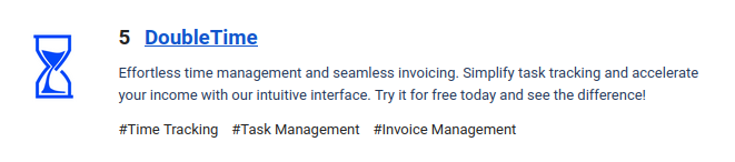 doubletimeio's tweet photo. #5 isn't too bad for the Top 15 Time Tracking products on SaaSHub, right? Right! Thank you for those who nominated us. https://t.co/CfKMxYob6Q