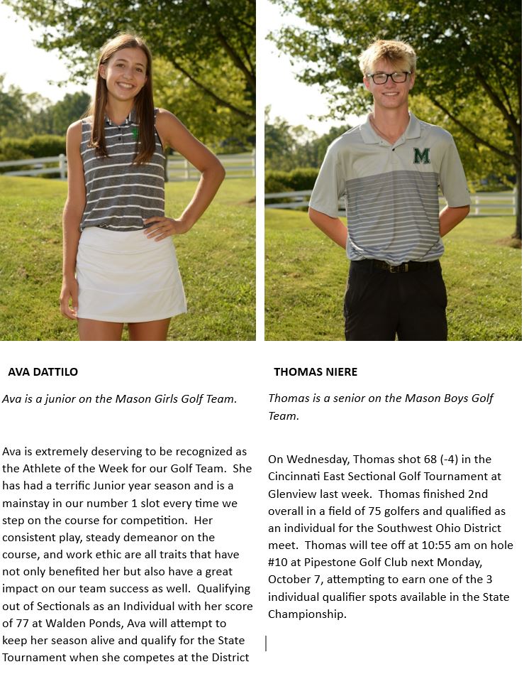 MasonHSGolf (@hs_mason) on Twitter photo Congratulations to our MHS Athletes of the Week!! Thomas and Ava have had amazing golf seasons!! They will both compete next week at the District Tournament. Go Comets!! ⛳️<a href="/MasonSchools/">Mason City Schools</a> <a href="/MHSsportsradio/">Mason Sports Radio</a> Congratulations to our MHS Athletes of the Week!! Thomas and Ava have had amazing golf seasons!! They will both compete next week at the District Tournament. Go Comets!! ⛳️<a href="/MasonSchools/">Mason City Schools</a> <a href="/MHSsportsradio/">Mason Sports Radio</a>