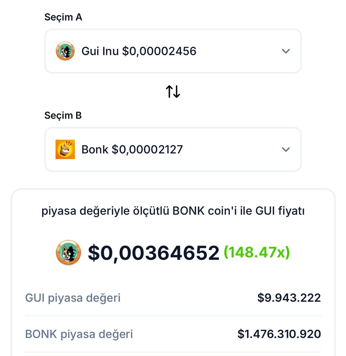 On the one hand, the first meme of the $SOL ecosystem, $BONK, on the other hand, the first meme of the $APT ecosystem, $GUI. Money is in front of your eyes!

Bir tarafta $SOL ekosisteminin ilk meme’i $BONK diğer tarafta $APT ekosisteminin ilk meme’i $GUI. Para gözünüzün önünde!