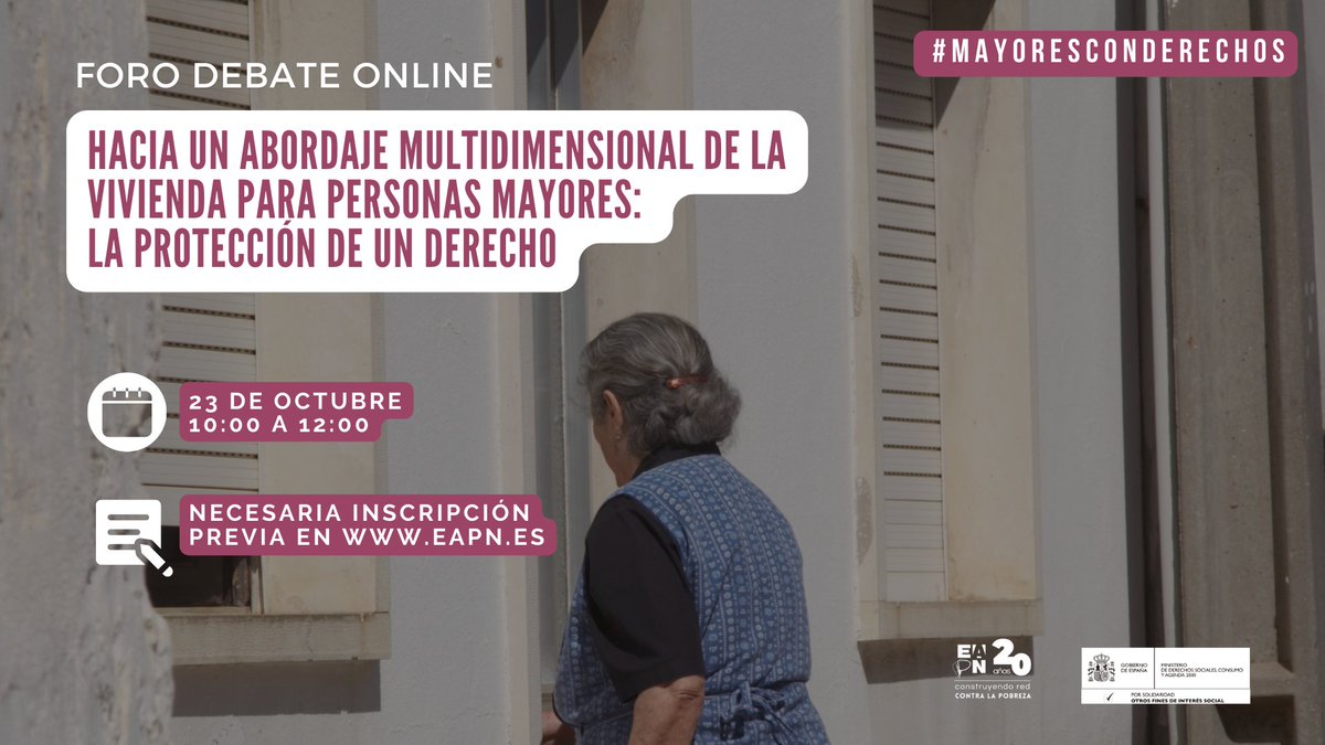 📣¡Nueva actividad del programa de #Mayores!
❗Foro de debate: 'Hacia un abordaje multidimensional de la 🏚️#vivienda para personas mayores: la protección de un derecho'
📆 23/10
⏰10-12
📹Online
✍️¡Inscripciones abiertas!
➕INFO 👉i.mtr.cool/bsentoobct

#MayoresconDerechos