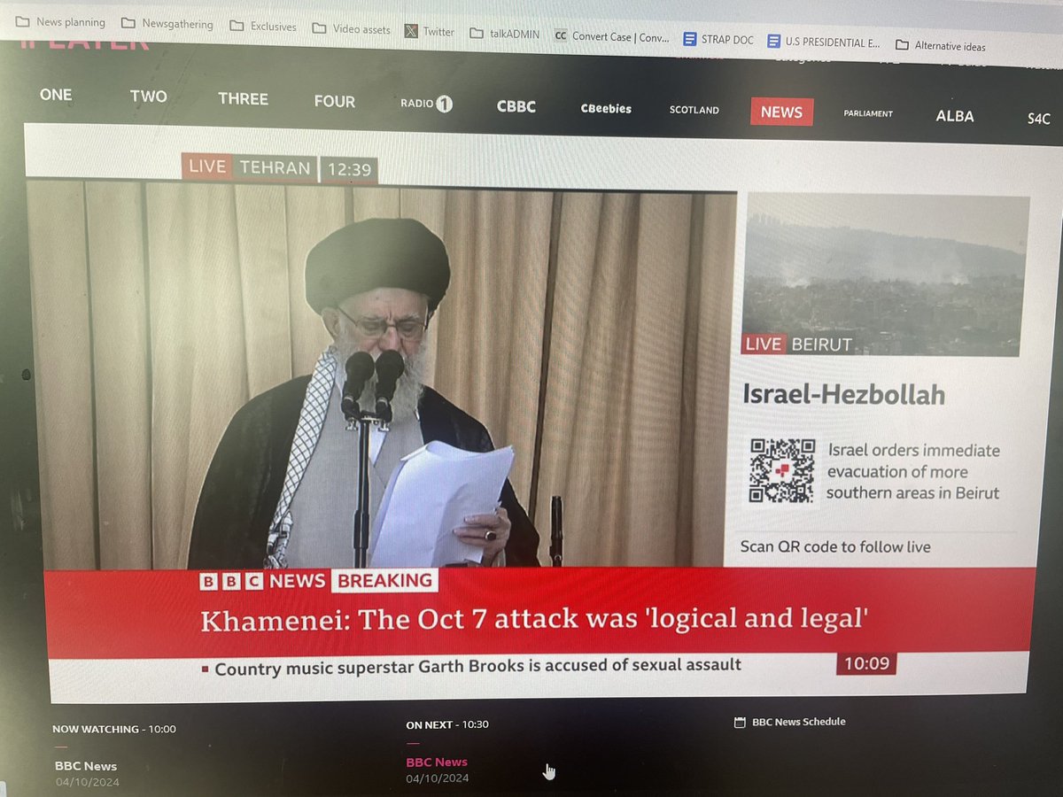 koshercockney's tweet image. What f*ck is going on? Seriously.

Look at both of these images.

The BBC have just live streamed Ayatollah Khamenei’s propaganda speech for 40 minutes and put on their banner his quotes:

“October 7th was logical and legal”

“Missile Attack on Israel ‘legal and legitimate”…
