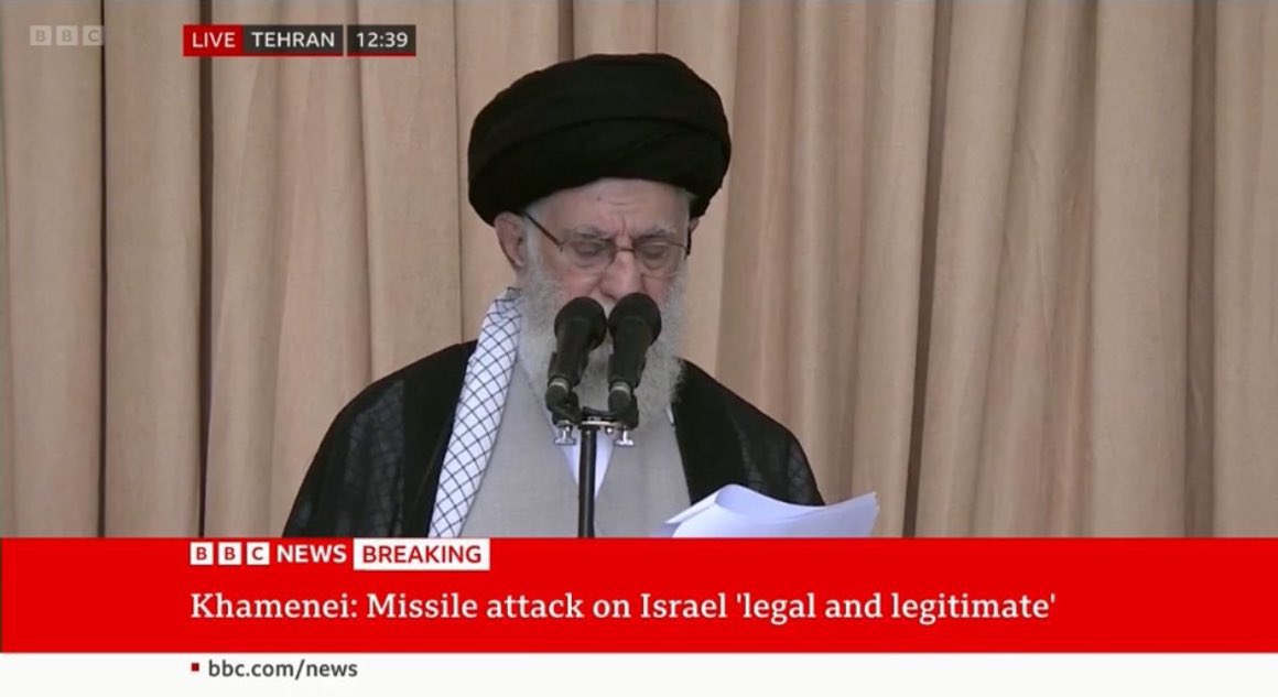 koshercockney's tweet image. What f*ck is going on? Seriously.

Look at both of these images.

The BBC have just live streamed Ayatollah Khamenei’s propaganda speech for 40 minutes and put on their banner his quotes:

“October 7th was logical and legal”

“Missile Attack on Israel ‘legal and legitimate”…